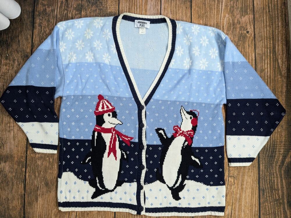 Vintage Croquet Club Women's Penguin Knitted Cardigan Sweater Size 2X